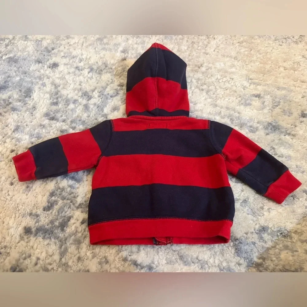 Ralph Lauren Baby Red Navy Stripe Zip Hoodie Big Pony Logo Preppy Size 3M